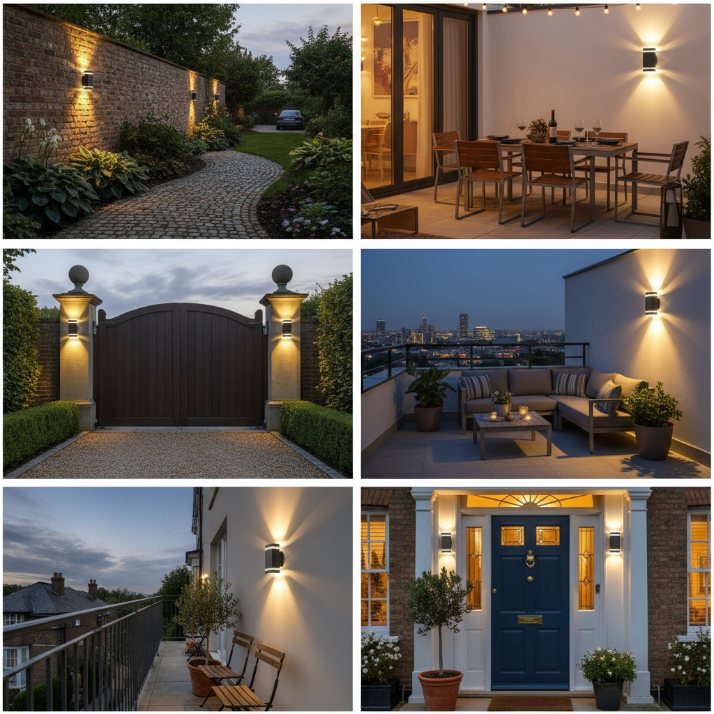 Collage of outdoor lighting fixtures on various architectural elements.