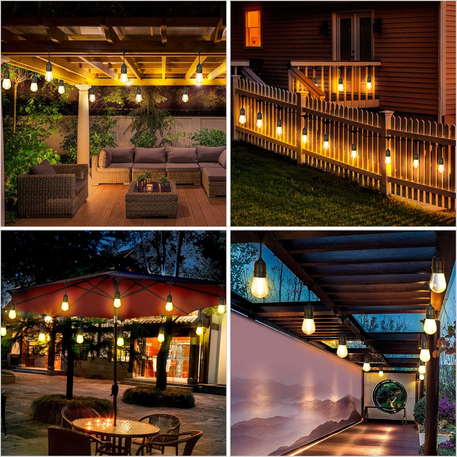 Collage of outdoor lighting fixtures on various structures.