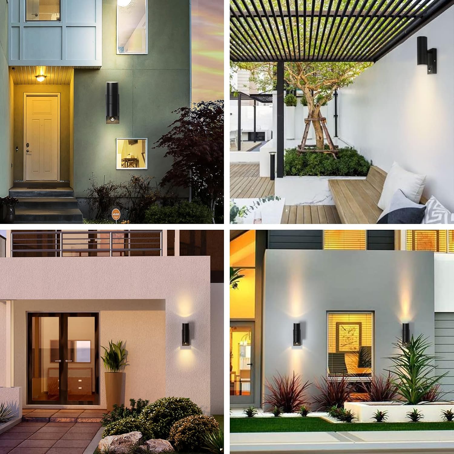 Collage of outdoor lighting fixtures on various walls and structures.