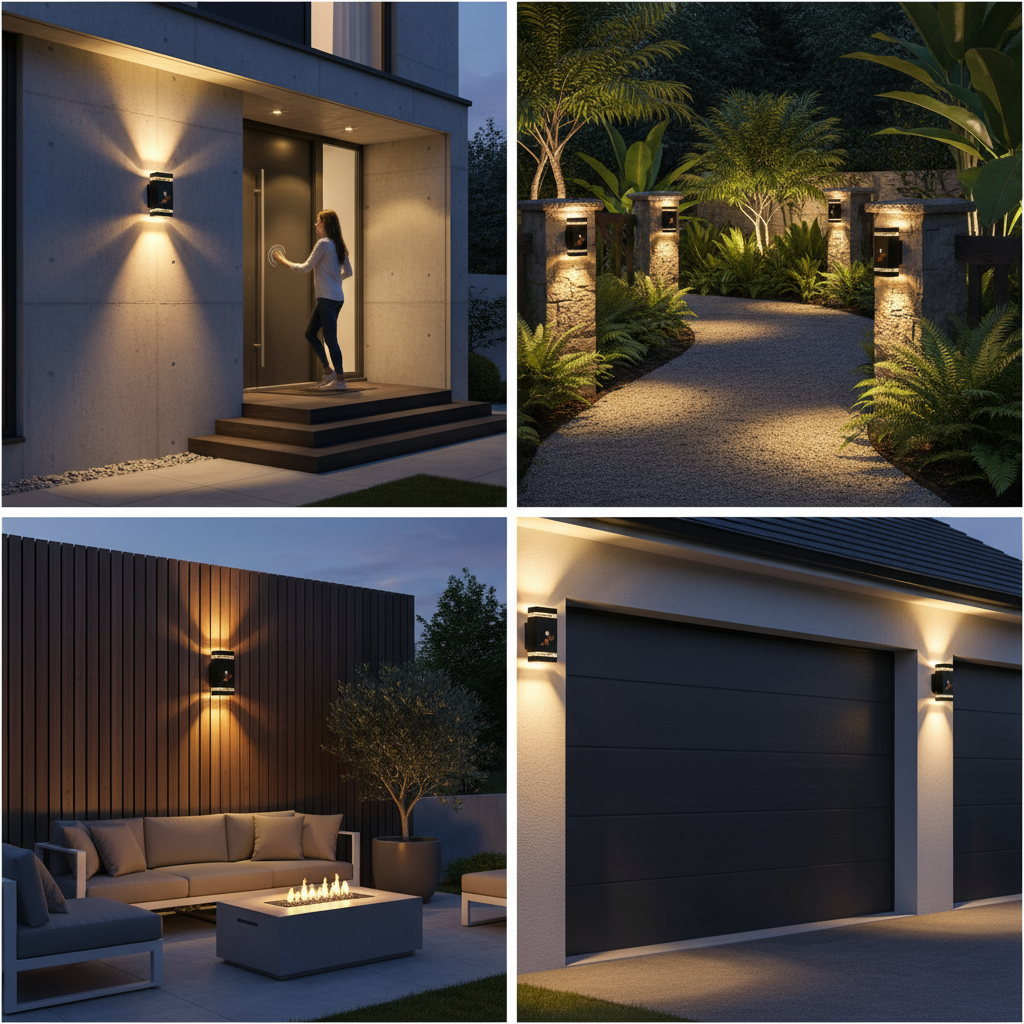 Collage of outdoor lighting fixtures on walls and buildings at night.