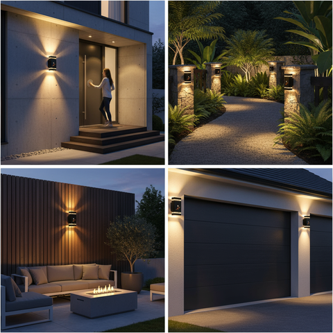 Collage of outdoor lighting fixtures on walls and buildings at night.