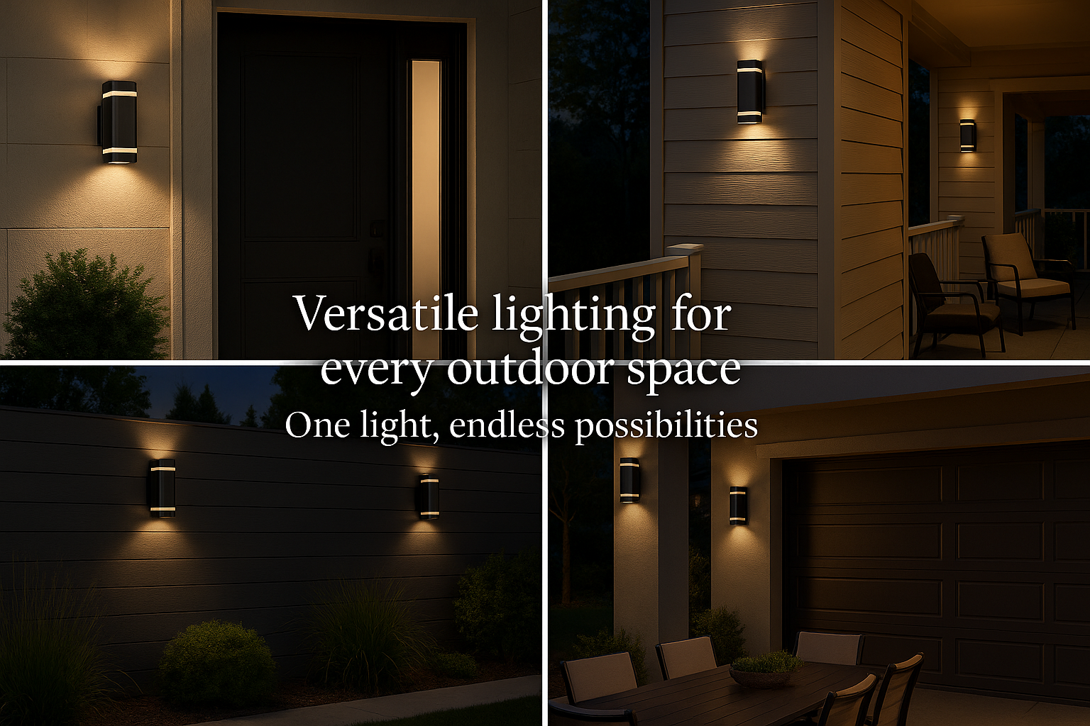Collage of outdoor lighting fixtures on walls with text 'Versatile lighting for every outdoor space. One light, endless possibilities.