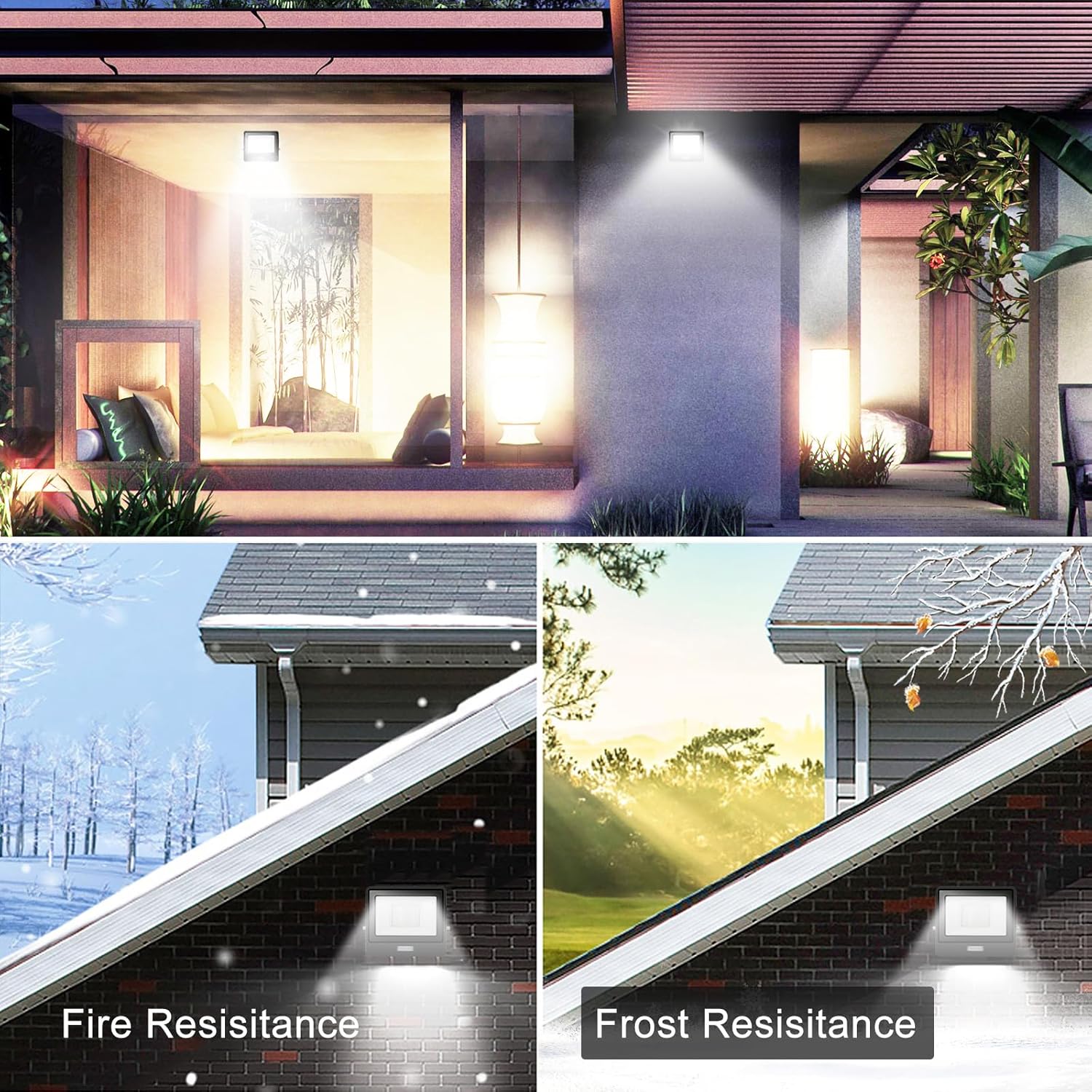 Collage of outdoor lighting fixtures with text 'Fire Resistance' and 'Frost Resistance'.