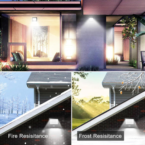 Collage of outdoor lighting fixtures with text 'Fire Resistance' and 'Frost Resistance'.