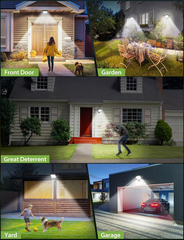 Collage of outdoor lighting scenarios including front door, garden, yard, and garage.