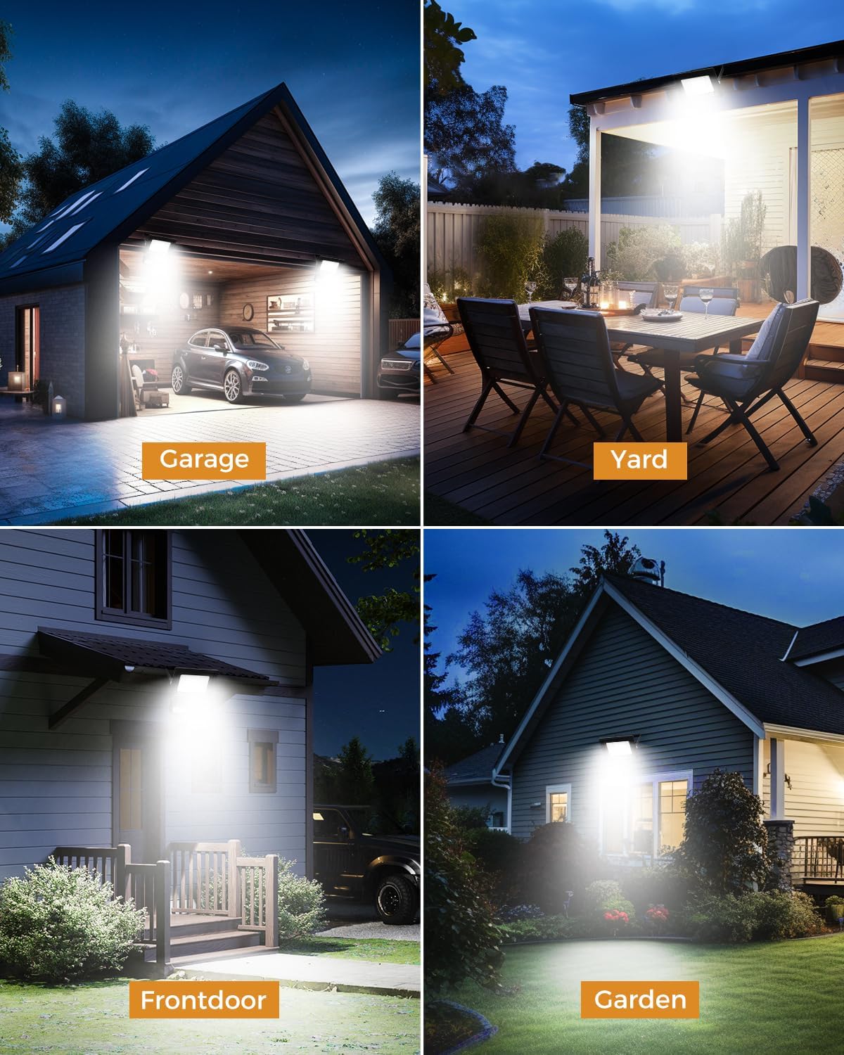 Collage of outdoor lighting scenarios including garage, yard, front door, and garden.
