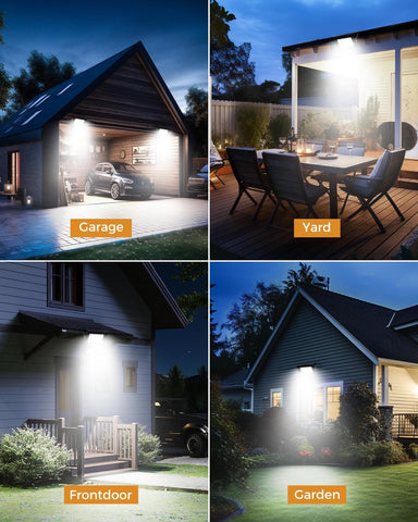 Collage of outdoor lighting scenarios including garage, yard, front door, and garden.
