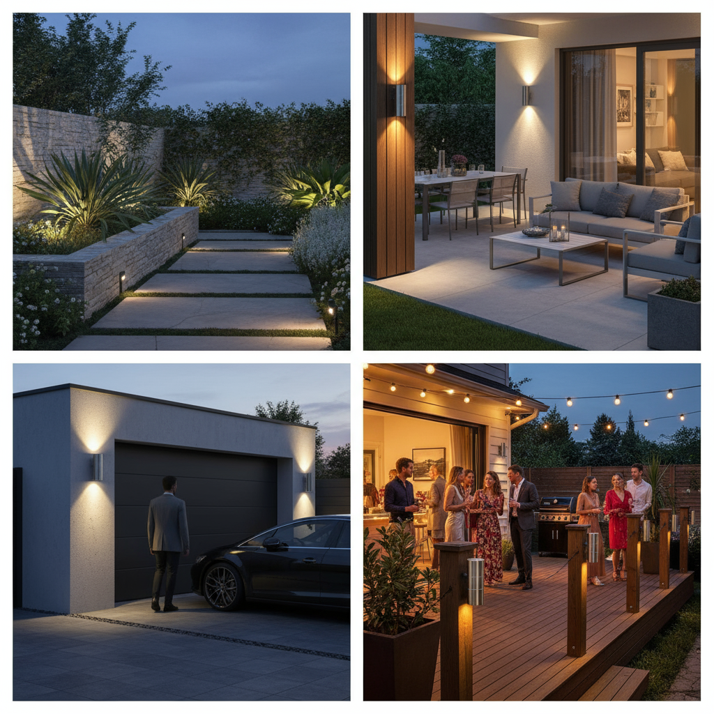 Collage of outdoor lighting scenes including a garden, patio, garage, and deck.