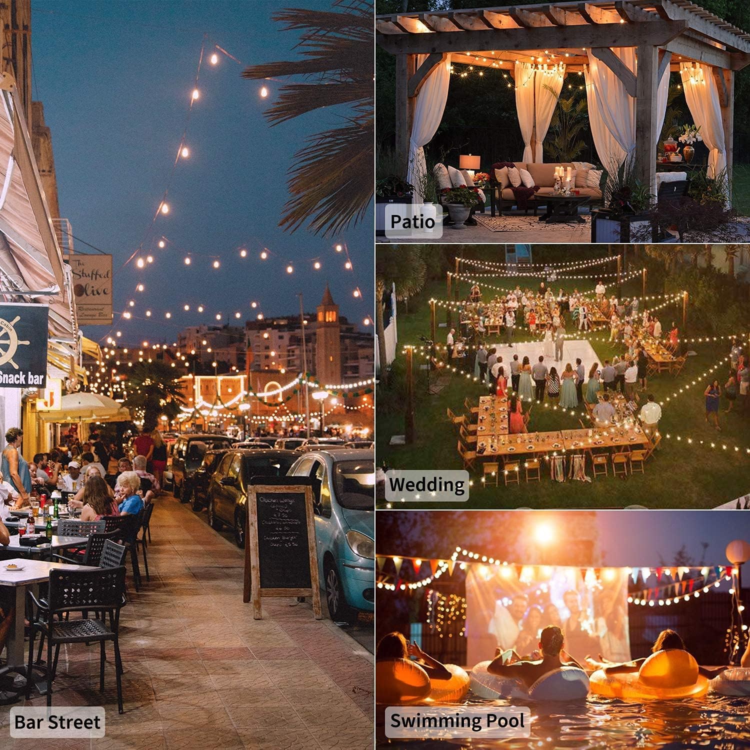 Collage of outdoor scenes including a bar street, patio, wedding reception, and pool party.