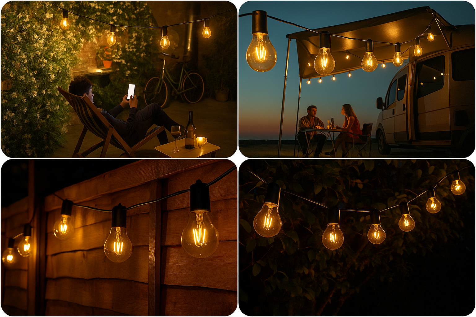 Collage of outdoor scenes with string lights, people sitting, and a van.