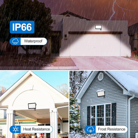 Collage of outdoor security cameras with weather resistance features on a house background.