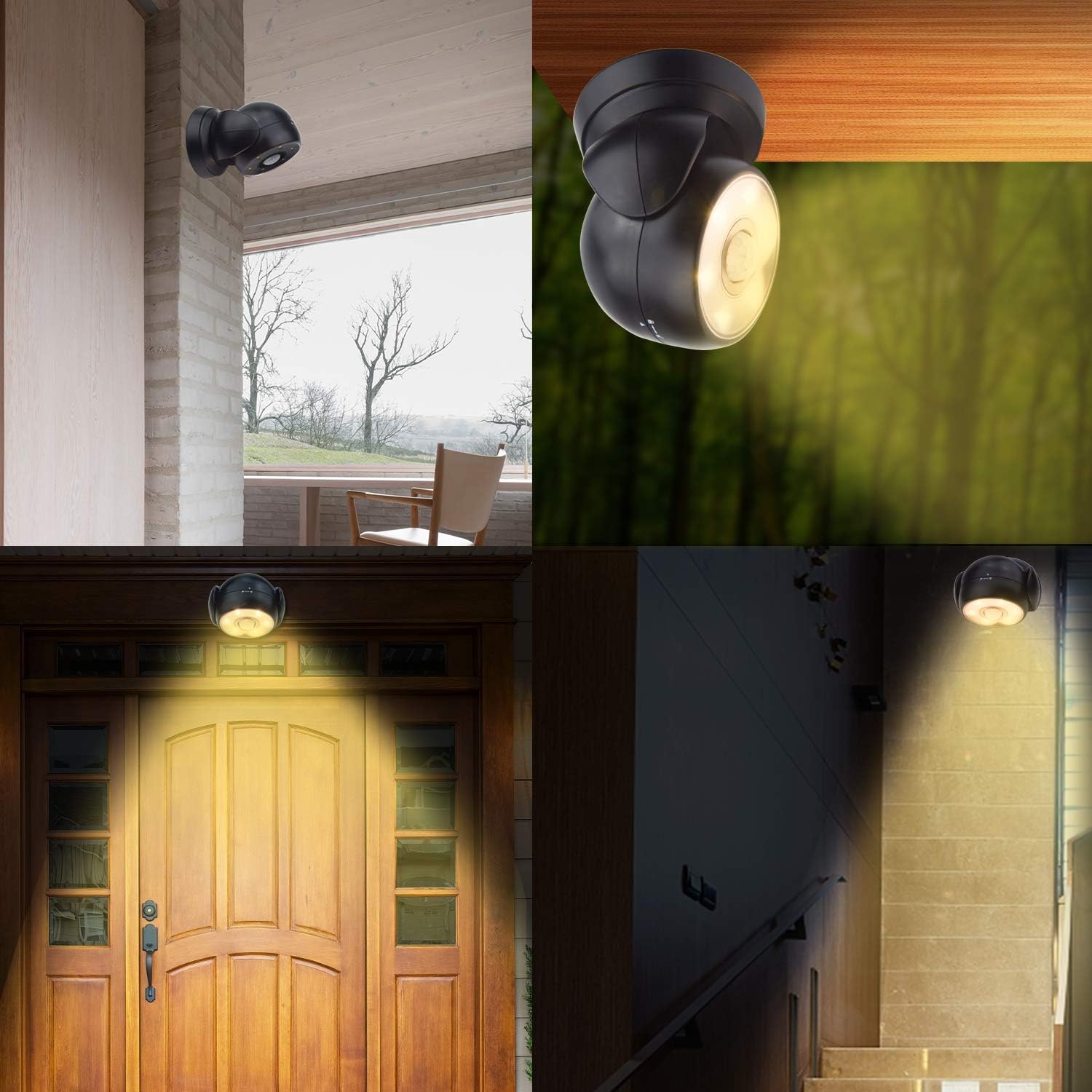 Collage of outdoor security lights in various settings