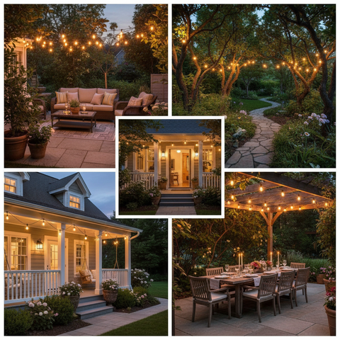 Collage of outdoor settings with string lights and patio furniture.