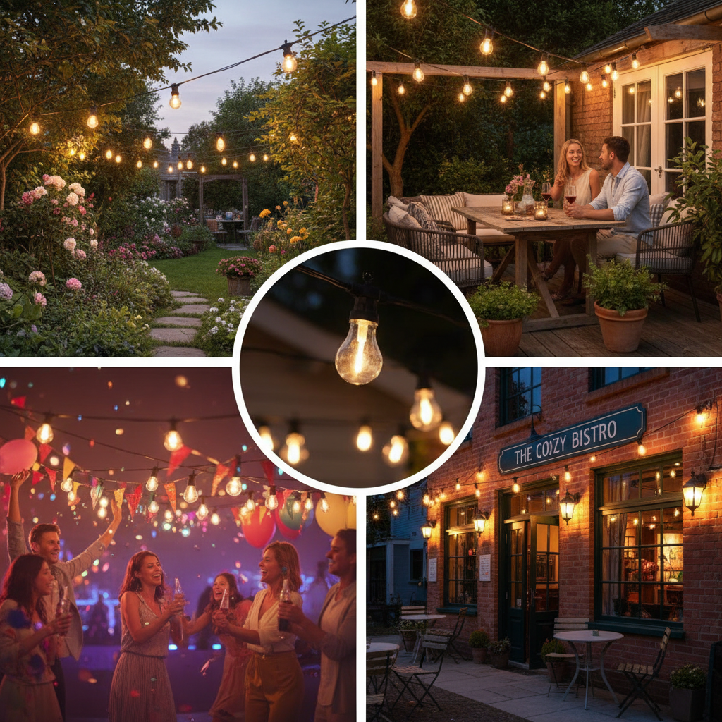 Collage of outdoor settings with string lights, including a garden, patio, and bistro.