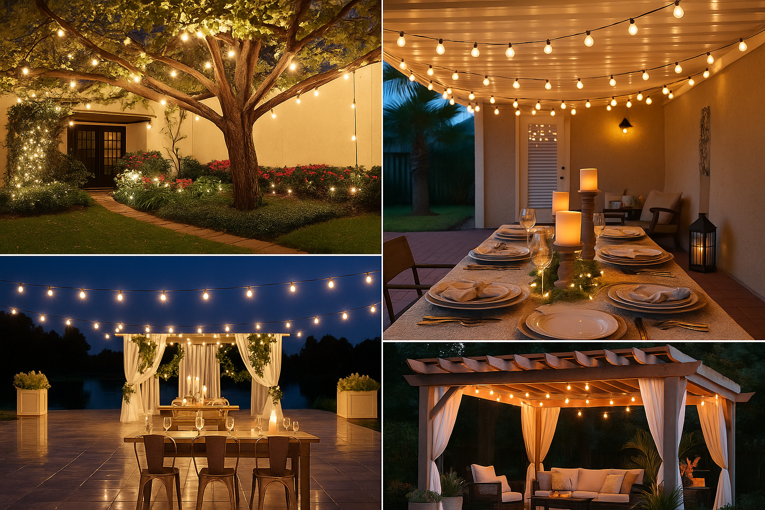 Collage of outdoor settings with string lights, including a garden, patio, and dining area.