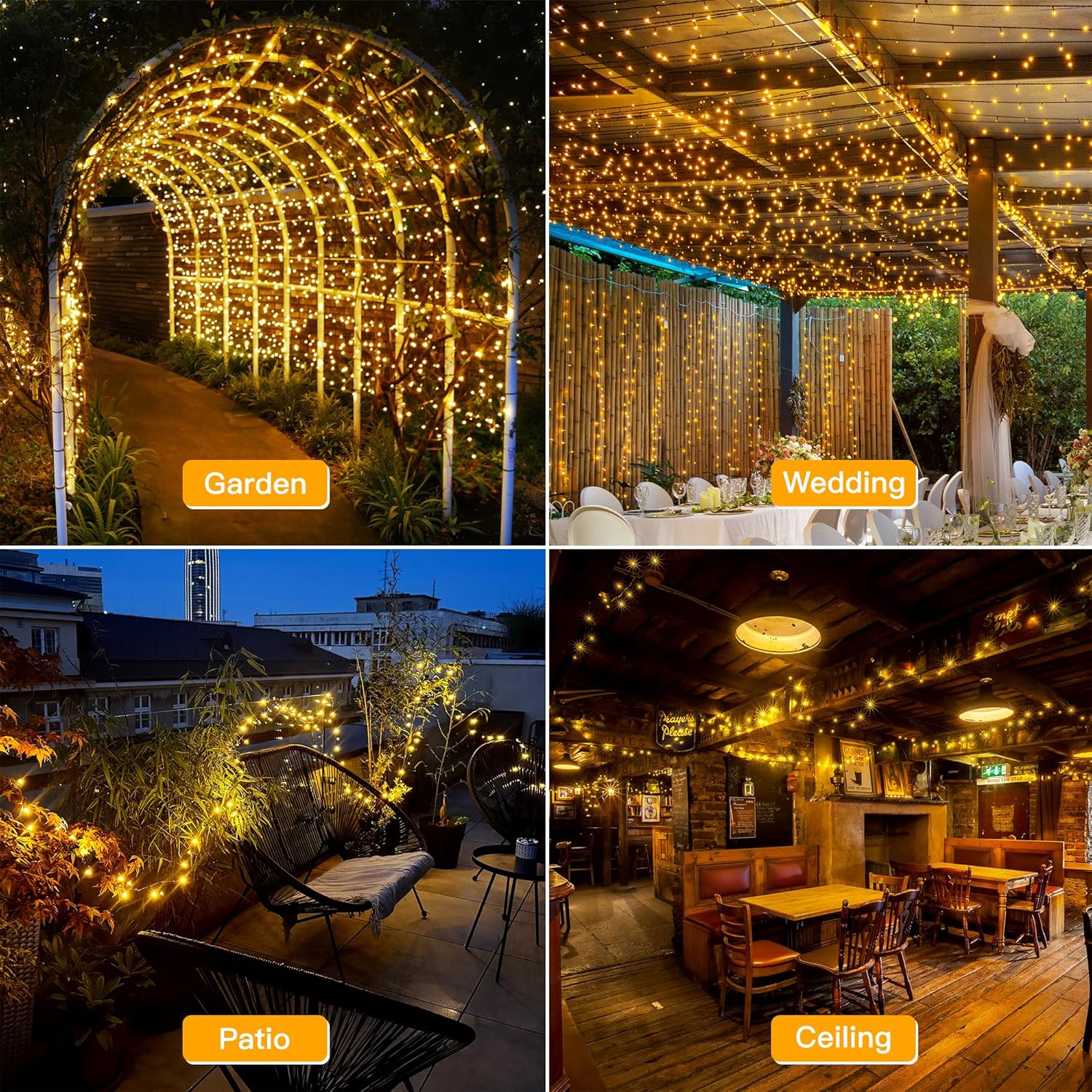 Collage of outdoor settings with string lights labeled 'Garden', 'Wedding', 'Patio', and 'Ceiling'.