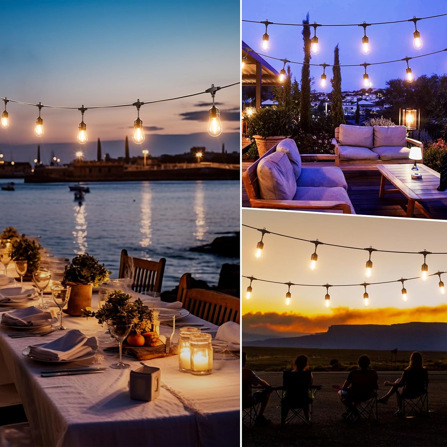 Collage of outdoor settings with string lights: waterfront, patio, and desert landscape.