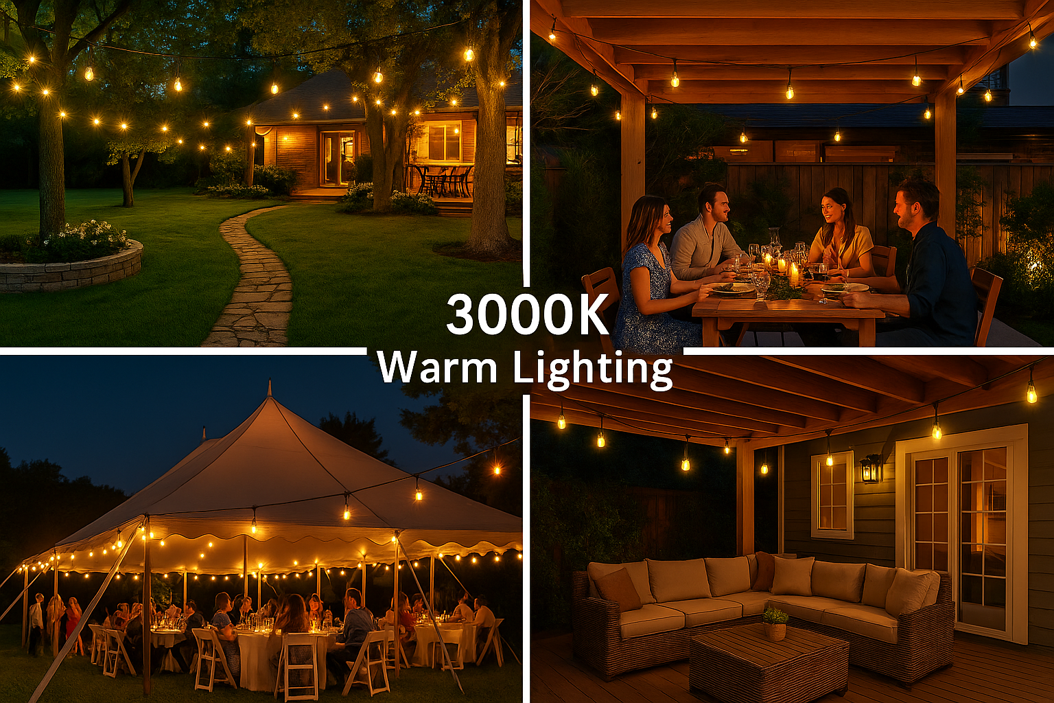 Collage of outdoor settings with warm lighting, including a house, patio, tent, and living room.