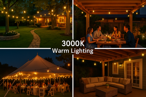 Collage of outdoor settings with warm lighting, including a house, patio, tent, and living room.