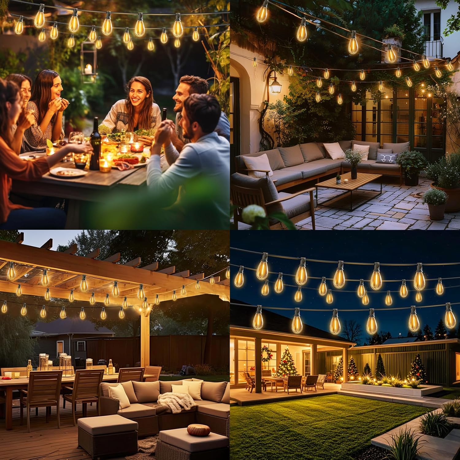 Collage of outdoor settings with string lights illuminating a patio, garden, and living room.