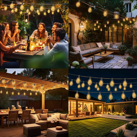 Collage of outdoor settings with string lights illuminating a patio, garden, and living room.