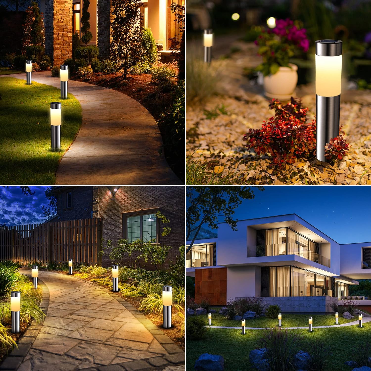 Collage of outdoor solar lights in various settings including a pathway, garden, and house exterior.