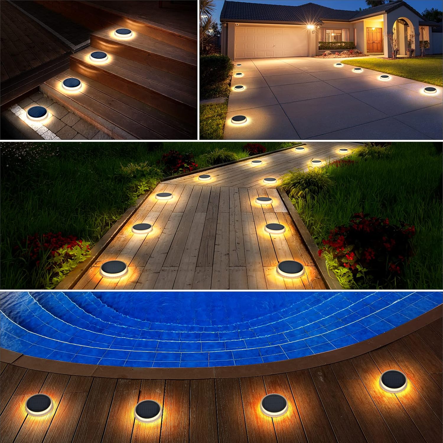 Collage of outdoor solar lights on various surfaces including steps, patio, and pool area.