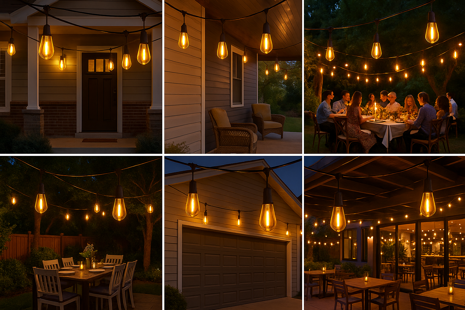 Collage of outdoor string lights illuminating a house and patio area.