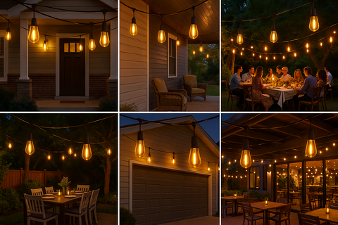 Collage of outdoor string lights illuminating a house and patio area.