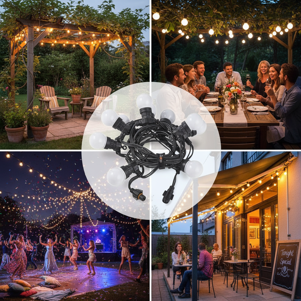 Collage of outdoor string lights in various settings with close-up of lights.