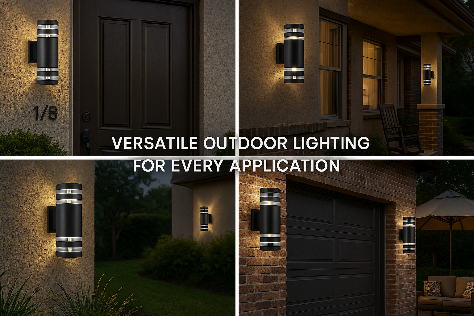 Collage of outdoor wall lights in various settings with text 'Versatile Outdoor Lighting for Every Application'.