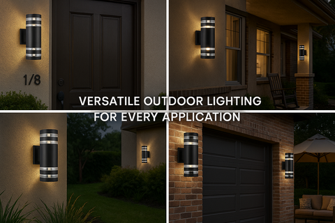 Collage of outdoor wall lights in various settings with text 'Versatile Outdoor Lighting for Every Application'.