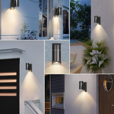 Collage of outdoor wall lights in various settings