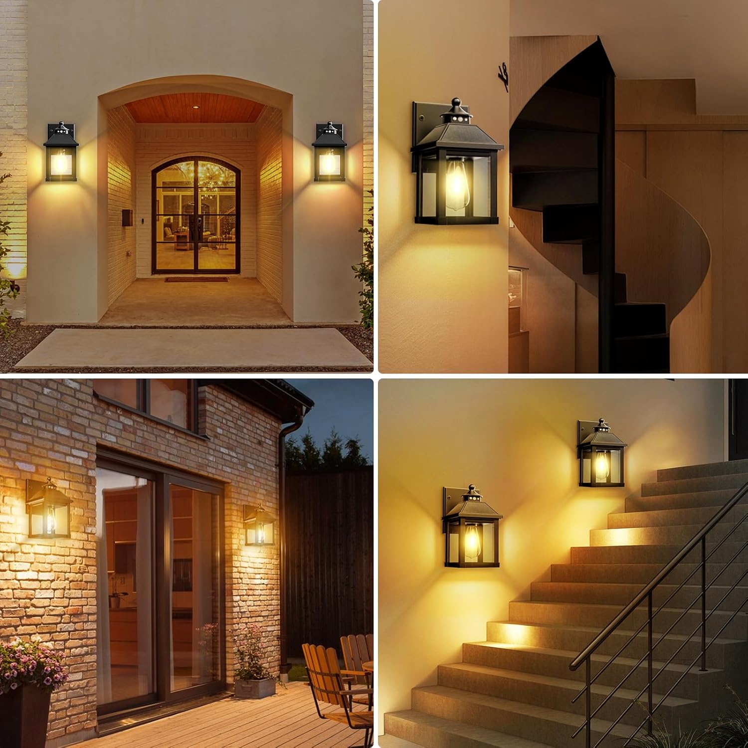 Collage of outdoor wall lights on different surfaces with warm glow.