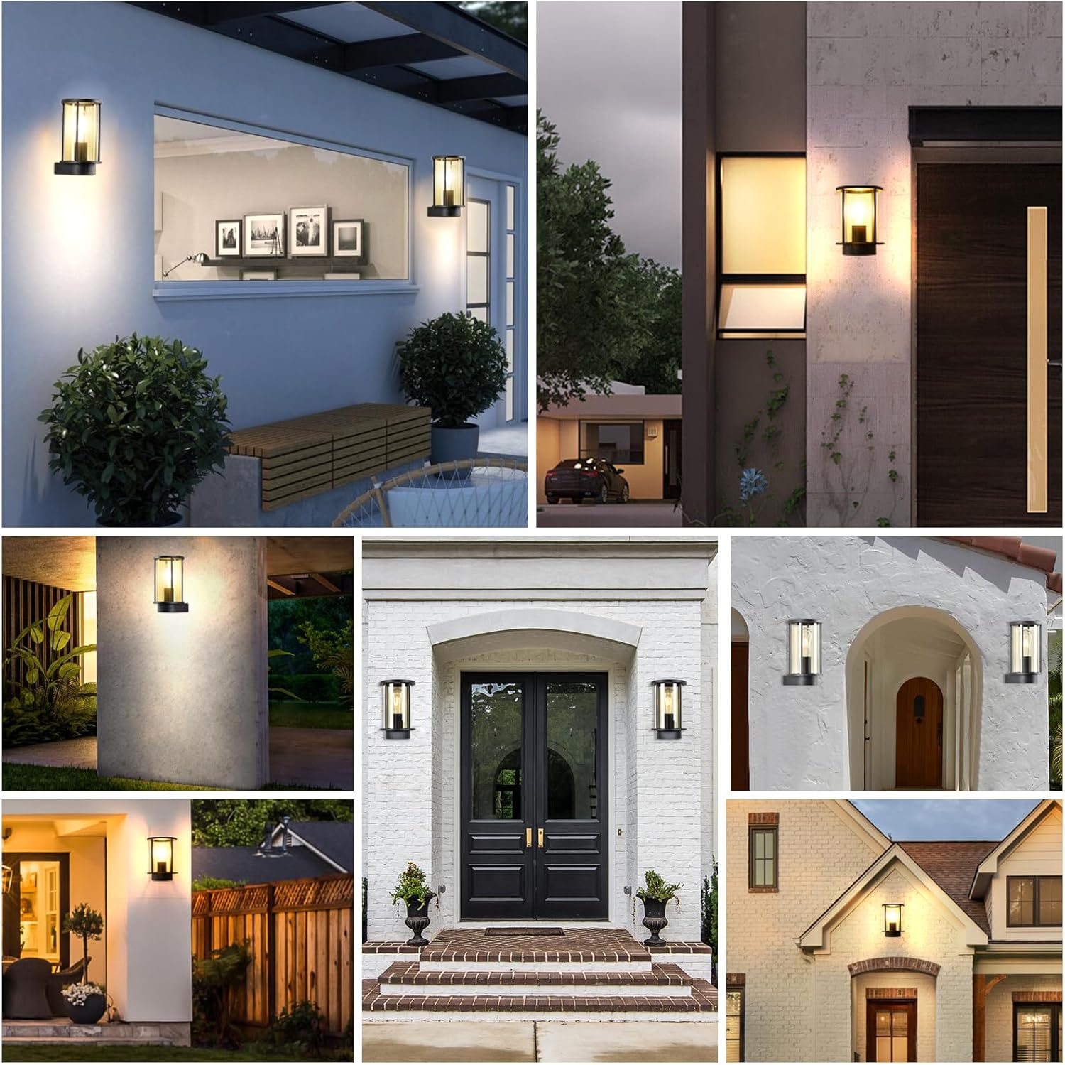 Collage of outdoor wall lights on various building exteriors