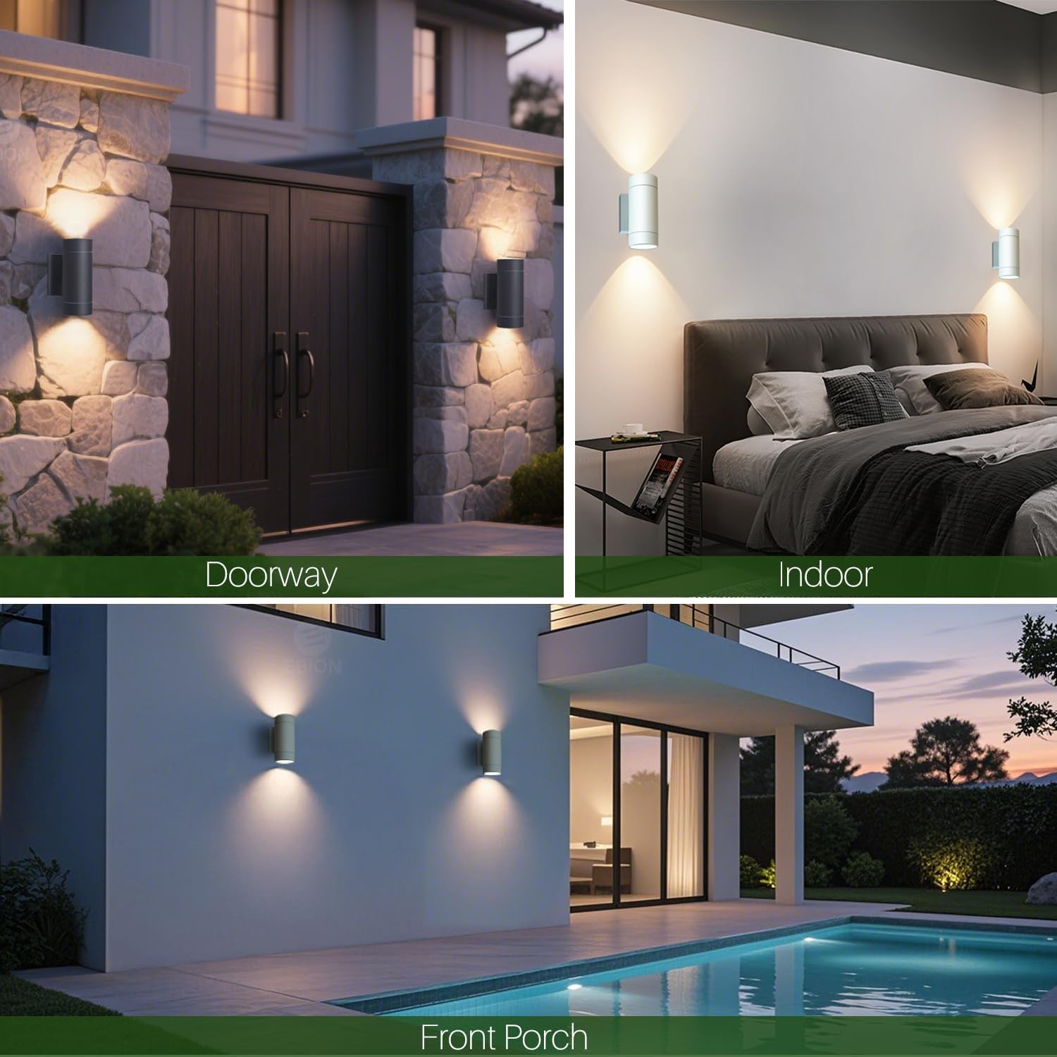 Collage of outdoor and indoor lighting fixtures in different settings.