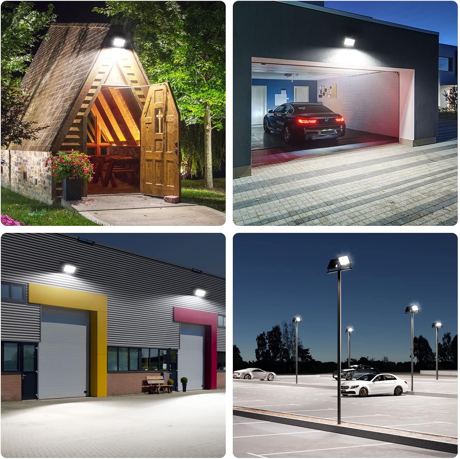 Collage of outdoor lighting fixtures on buildings and a car garage.