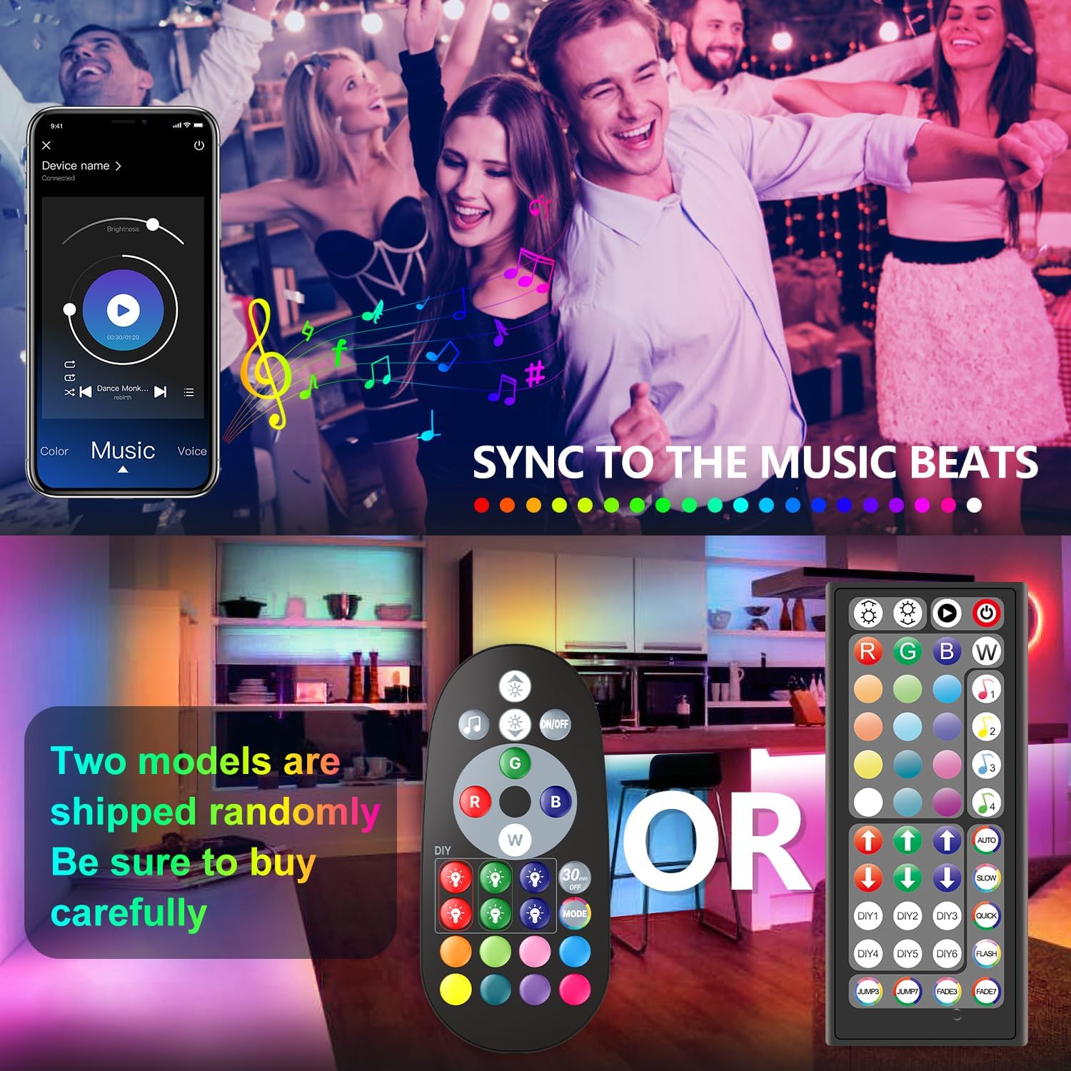 Collage of people dancing with LED strip lights and remote controls, promoting synchronization to music.
