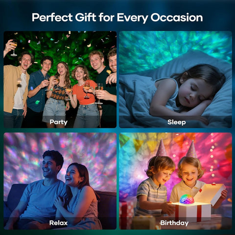 Collage of people enjoying different activities with text indicating occasions like party, sleep, relax, and birthday.