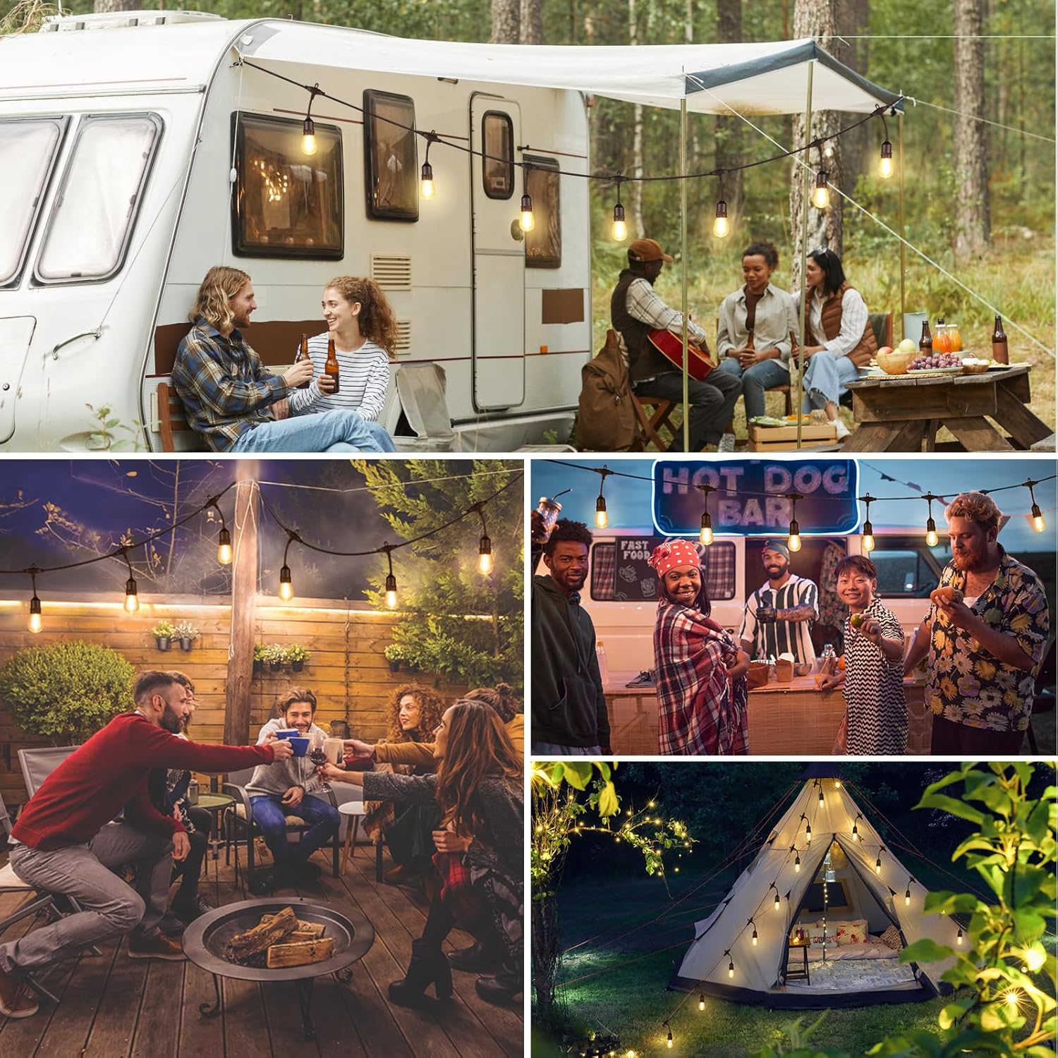 Collage of people enjoying outdoor activities around a camper van, hot dog stand, and fire pit.