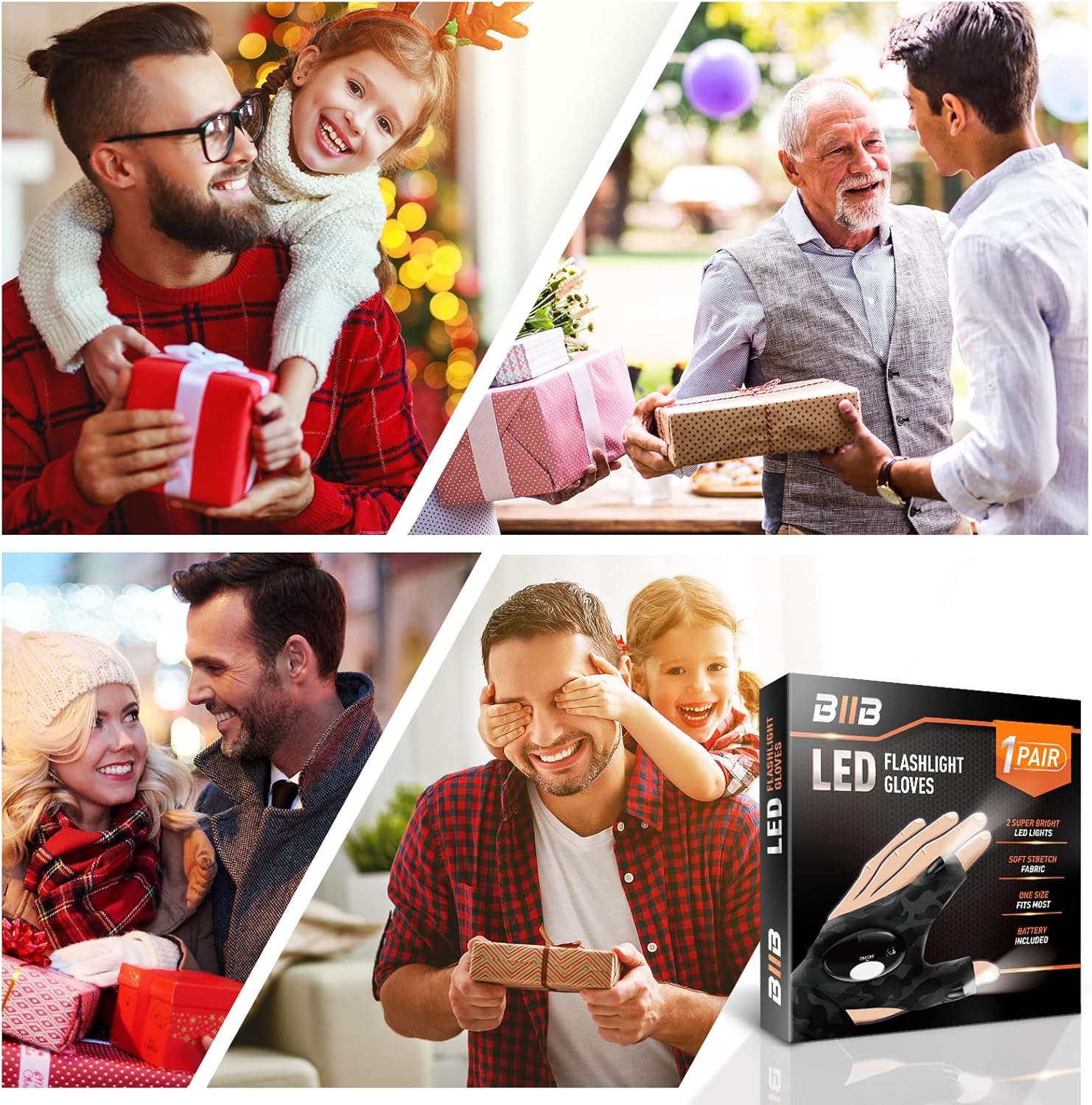 Collage of people exchanging gifts with a box of LED flashlight gloves in the corner.