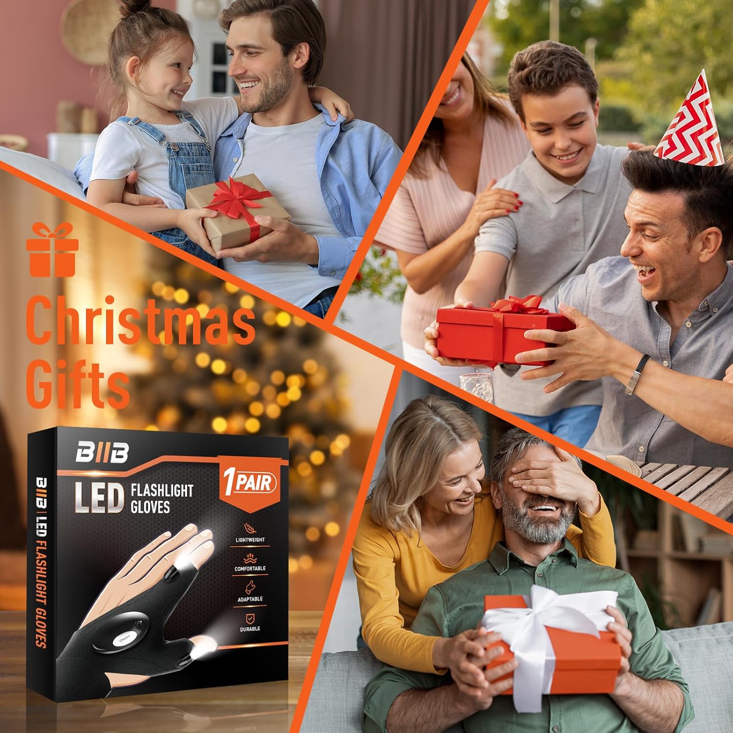 Collage of people exchanging gifts with a box of LED flashlight gloves in the foreground.
