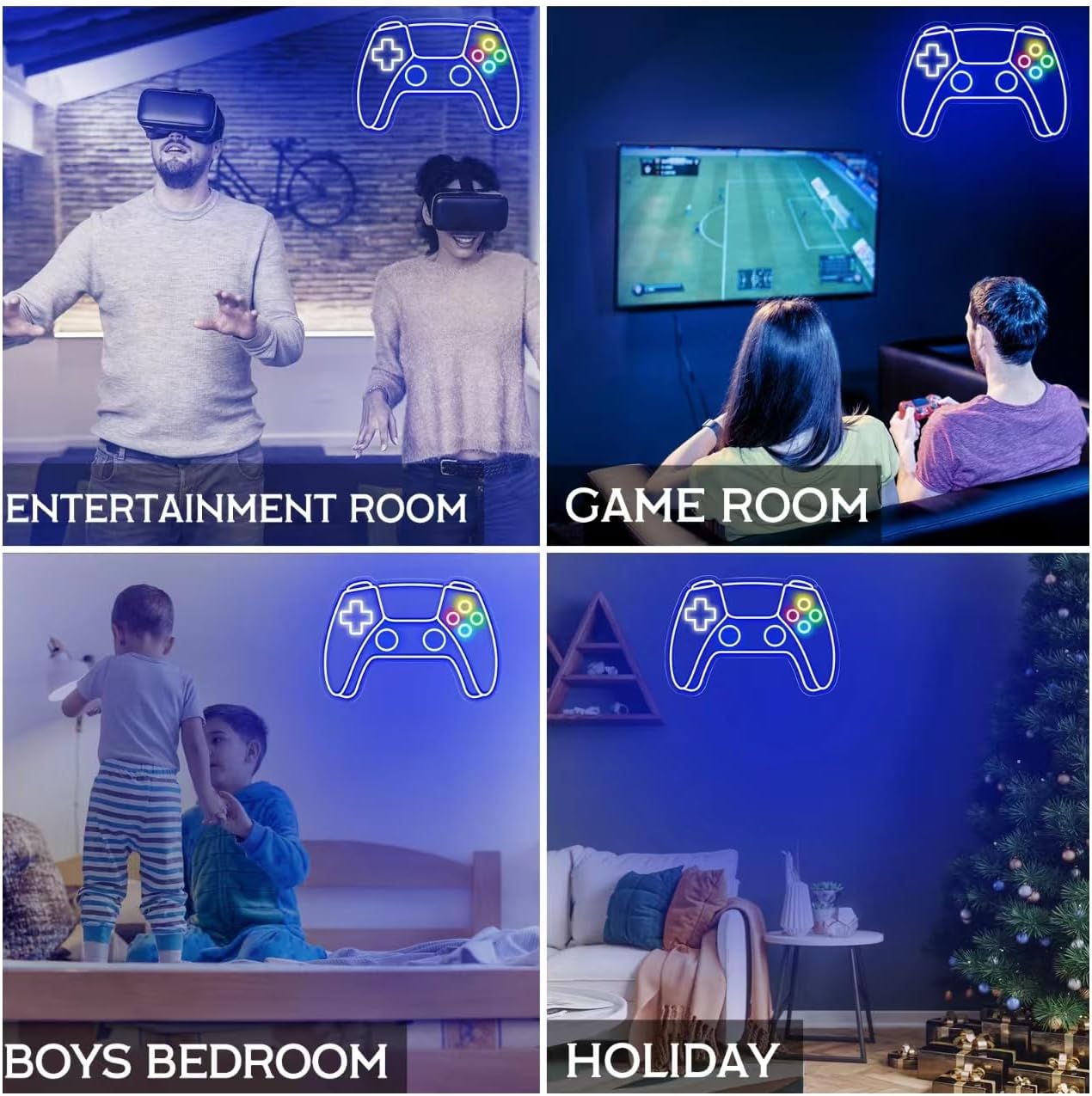 Collage of people in different settings using gaming equipment, labeled 'Entertainment Room', 'Game Room', 'Boys Bedroom', and 'Holiday'.