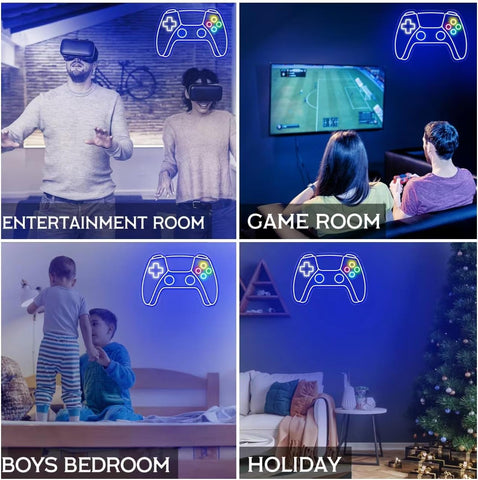 Collage of people in different settings using gaming equipment, labeled 'Entertainment Room', 'Game Room', 'Boys Bedroom', and 'Holiday'.