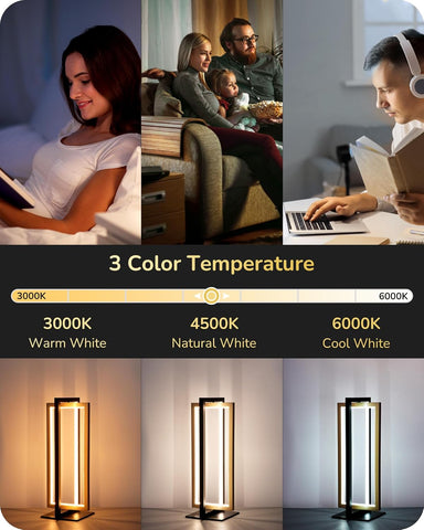 Collage of people in different settings with a lamp displaying 3 color temperature options.