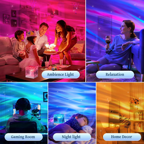 Collage of people in different settings with colorful lighting effects labeled 'Ambiance Light', 'Relaxation', 'Gaming Room', 'Night light', and 'Home Decor'.
