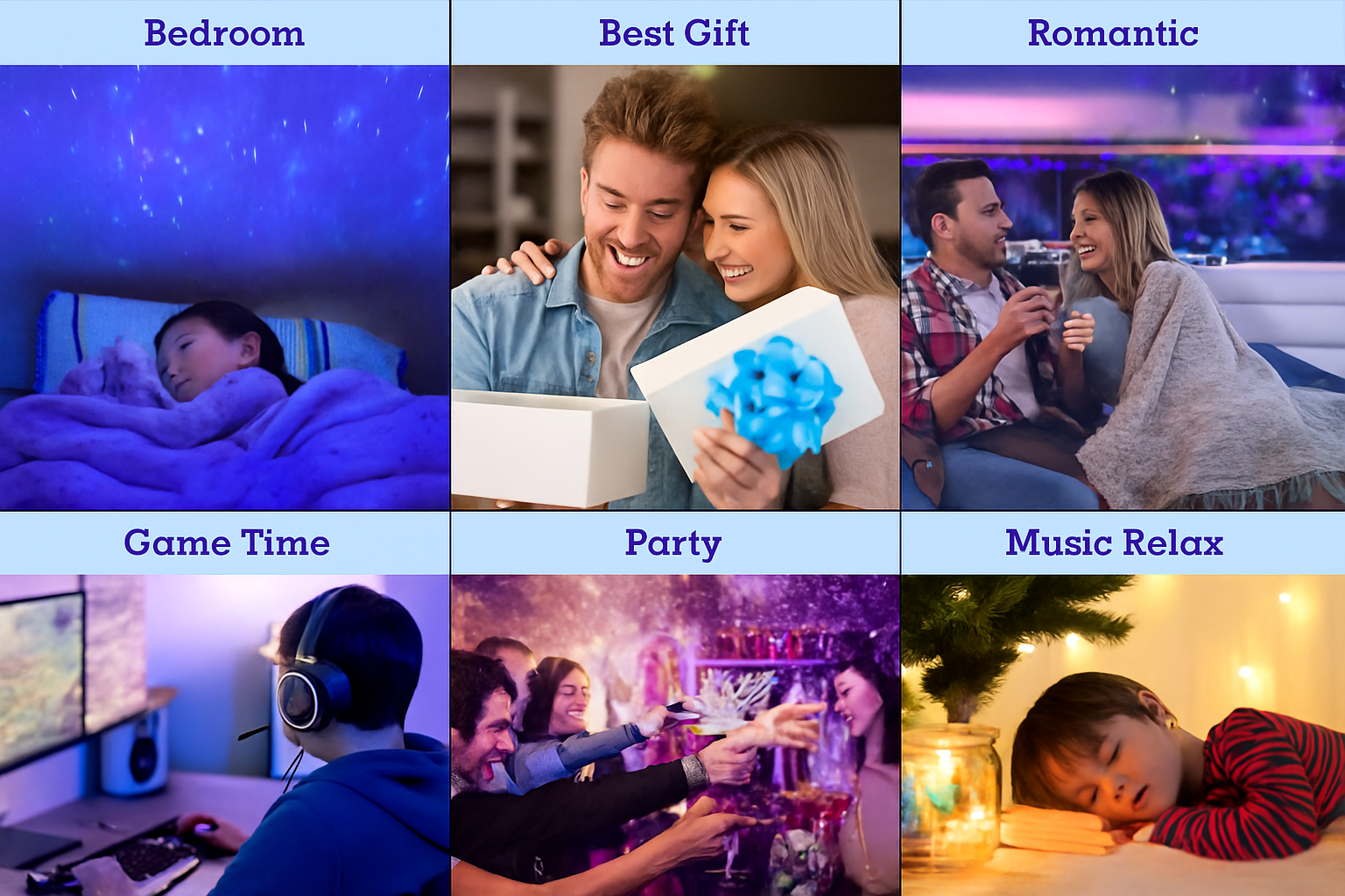 Collage of people in various settings with text labels like 'Bedroom', 'Best Gift', 'Romantic', etc.