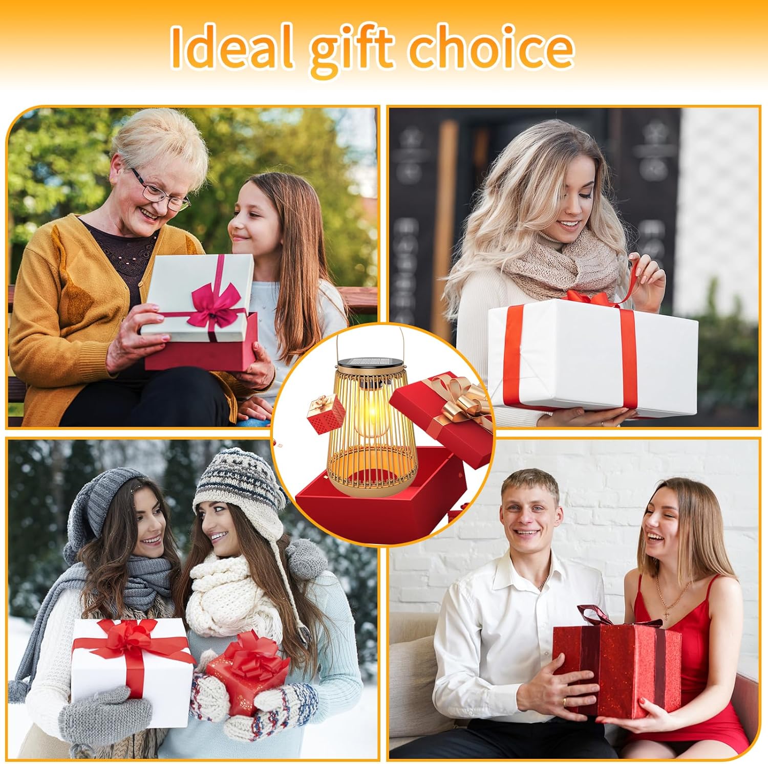 Collage of people opening gifts with a focus on a lantern-shaped gift box.