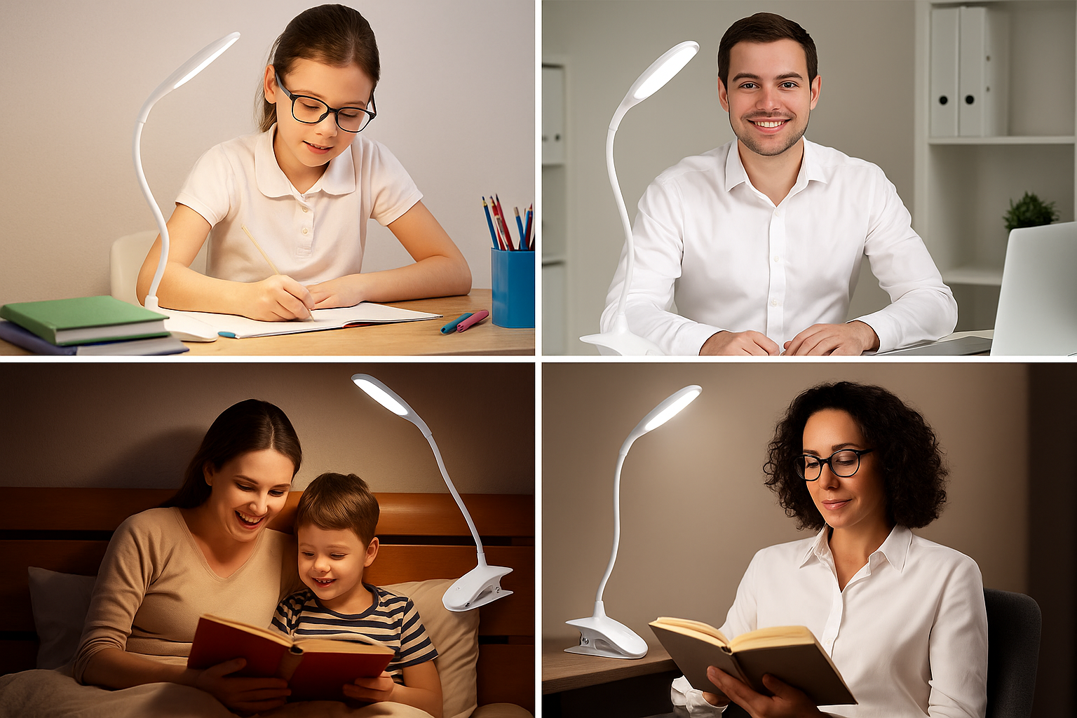 Collage of people using a desk lamp in various settings