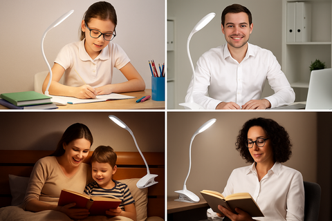 Collage of people using a desk lamp in various settings